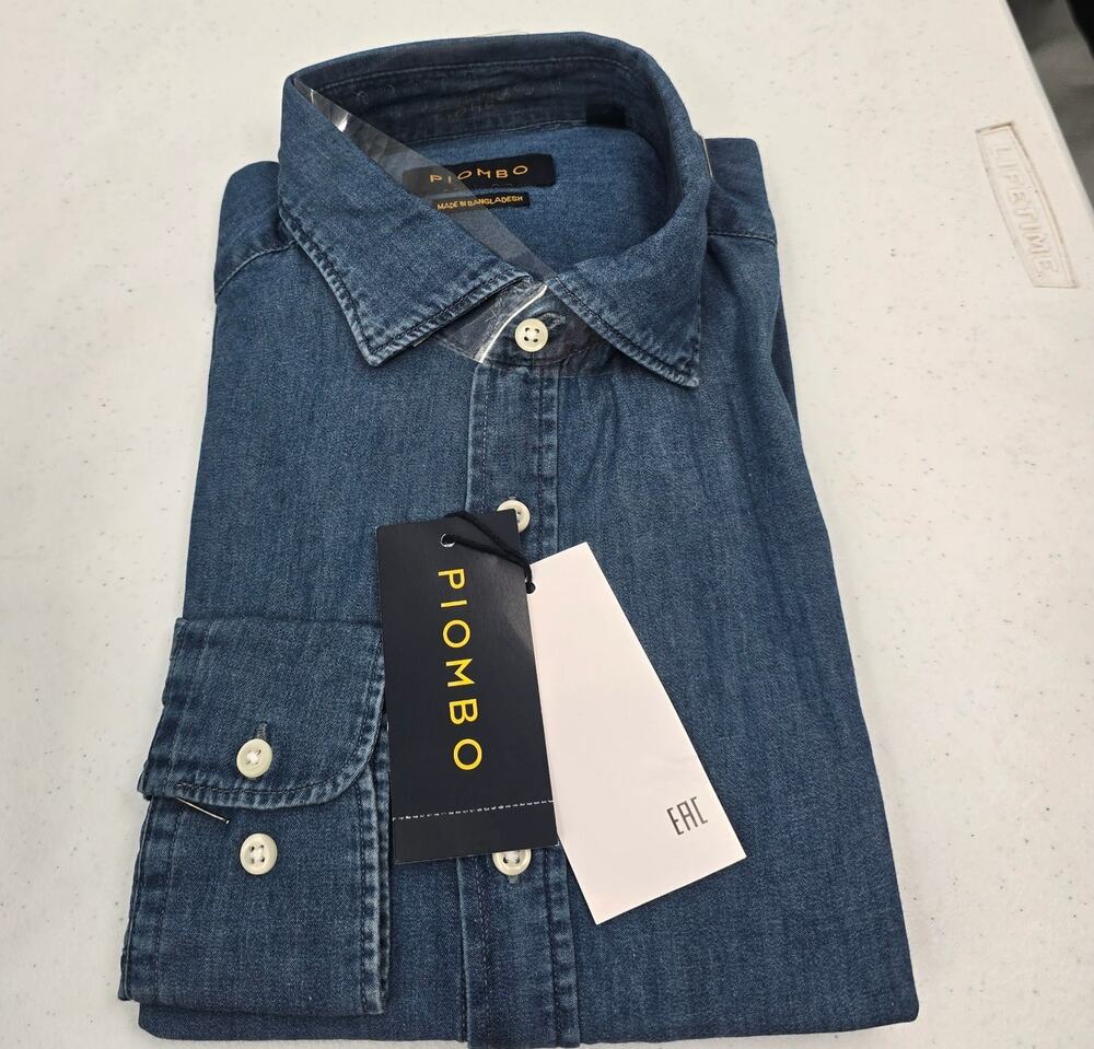 PIOMBO Mens Denim Shirt Size Medium Blue Italian Luxury Casual Button Down